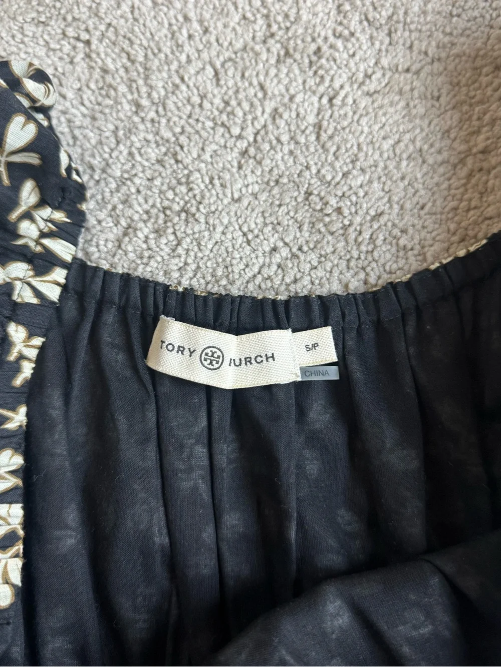 Tory Burch Black Midi Dress with Cream Floral Print, Size Small